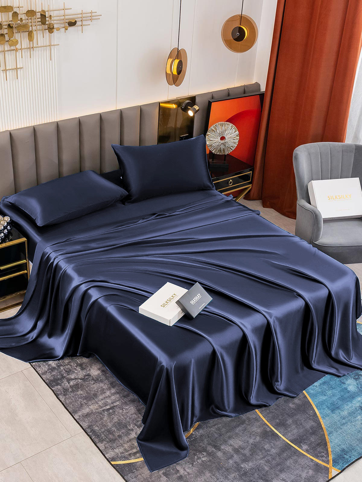 [Dark Blue] SilkSilky-AU 19Momme Pure Silk Bedding Set 001