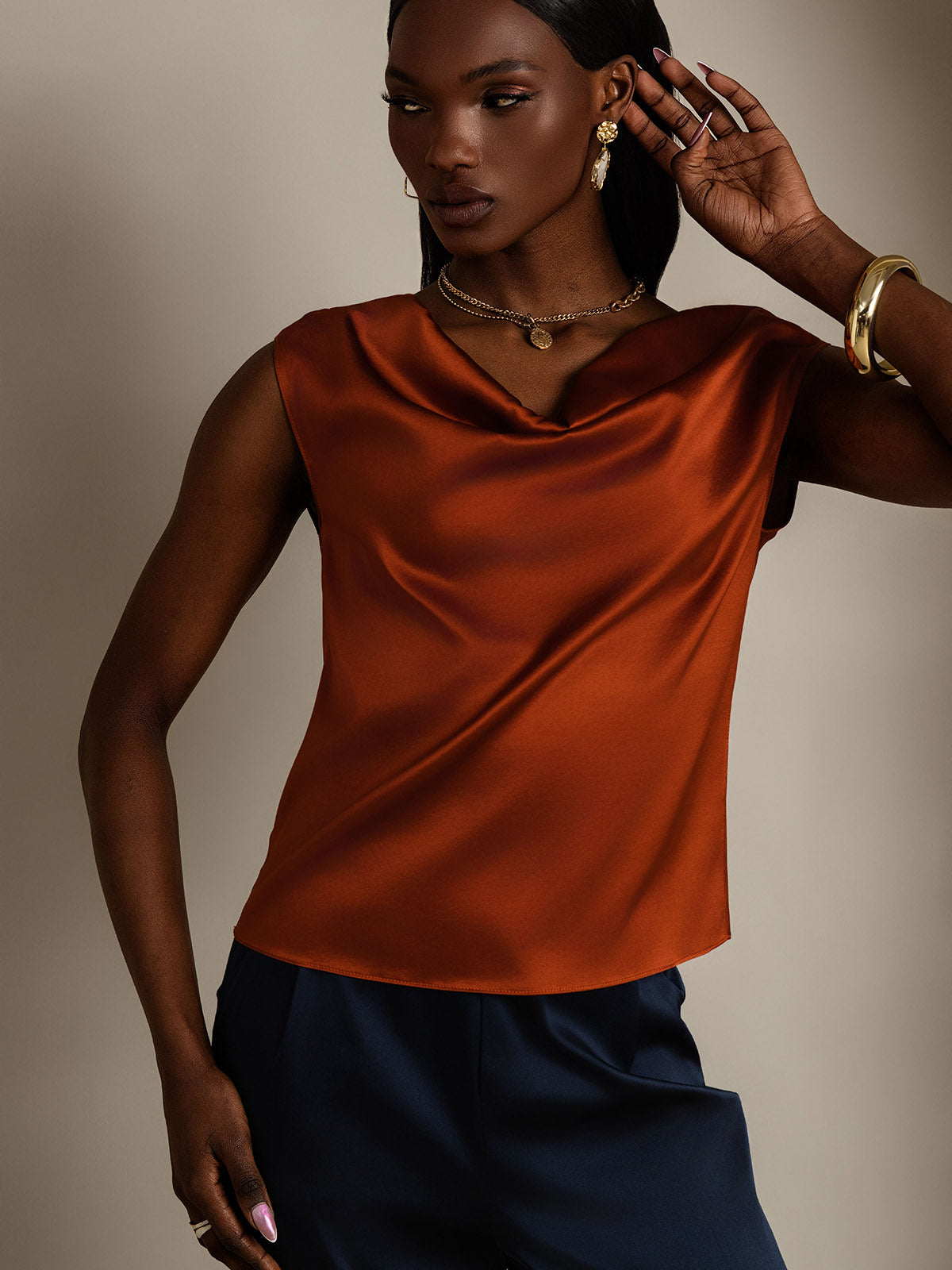 [Caramel] SilkSilky-AU 19Momme Silk Sleeveless Cowl Neck Women's T-Shirt 006