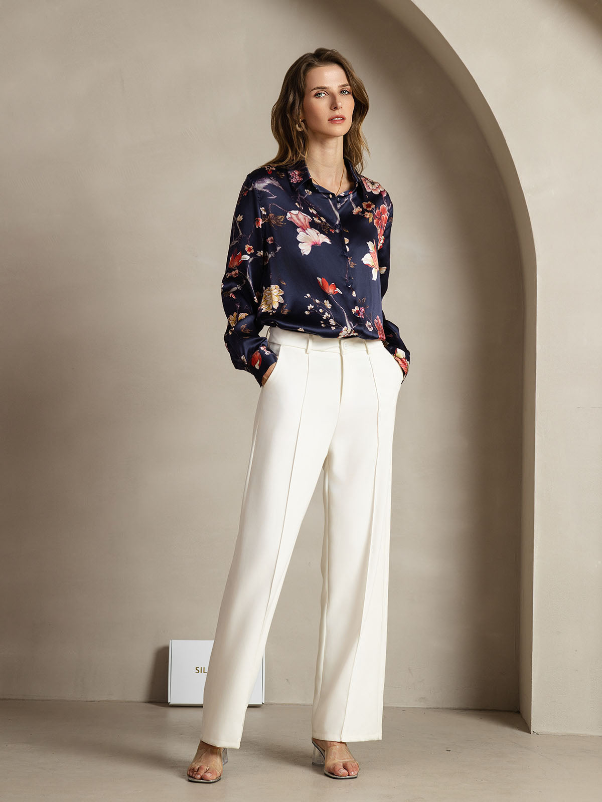 [Navy Floral] SilkSilky-AU Silk Lapel Collar Women's Shirt 003