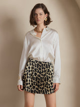 [White] SilkSilky-AU 19Momme Stretch Silk Charmeuse Long Sleeve Lapel Collar Women's Shirt 001