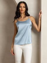 [Grayish Blue] SilkSilky-AU 19Momme Stretch Silk Charmeuse Spaghetti Strap Scoop Neck Camisole 004