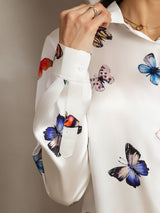[White Butterfly] SilkSilky-AU Long Sleeve Lapel Collar Women's Shirt 003