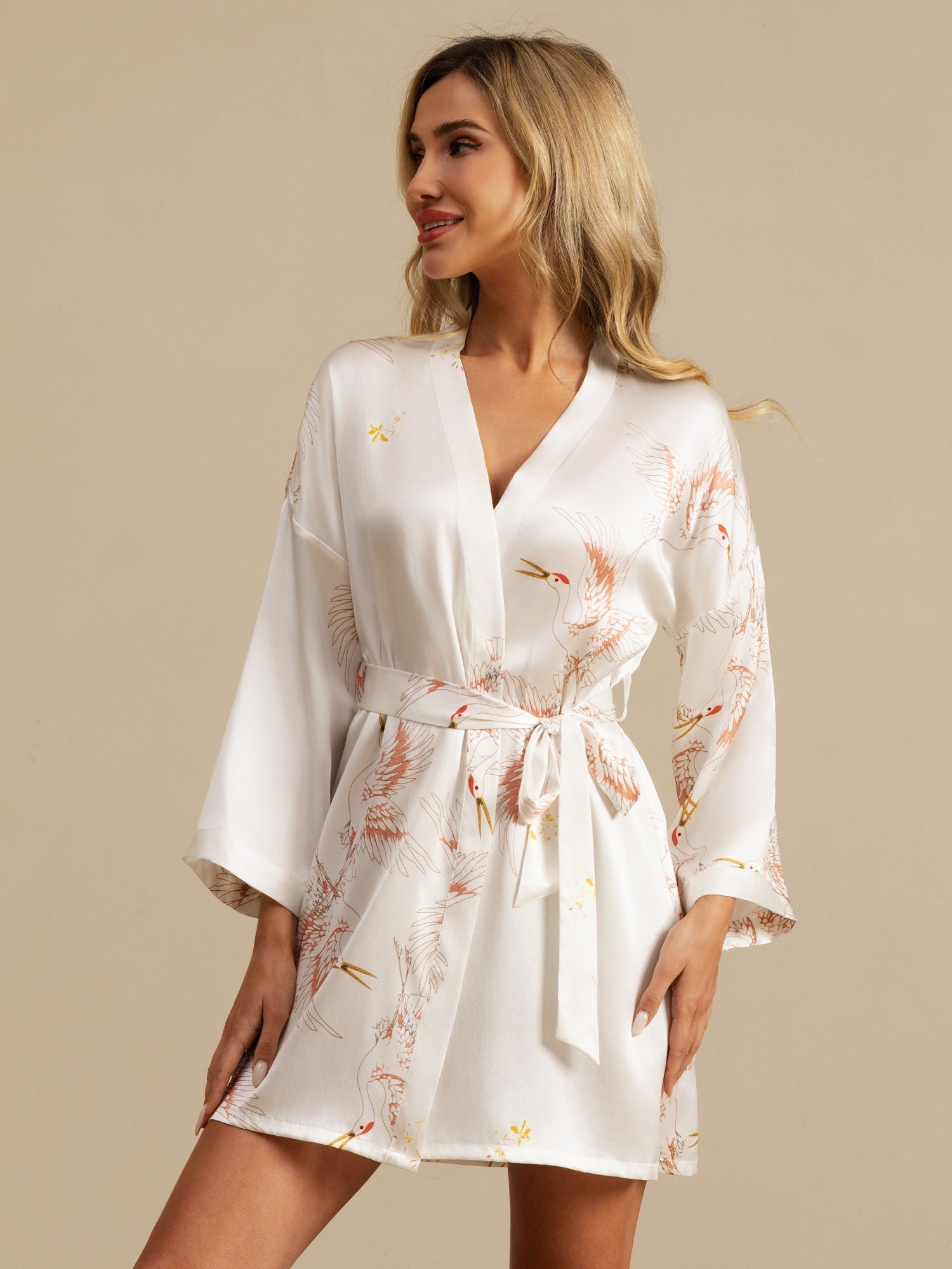 [White] SilkSilky-AU 3/4 Sleeve Deep V Neck Women's Dressing Gown 004