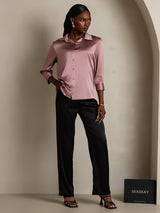 [Pale Mauve] SilkSilky-AU 19Momme Stretch Silk Charmeuse 3/4 Sleeve Lapel Collar Women's Shirt 006