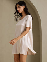 [Beige] SilkSilky-AU Half Sleeve V Neck Nightgown 001