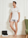 SilkSilky AU Silk Knitted Short Sleeve V Neck Men's T Shirt White 006