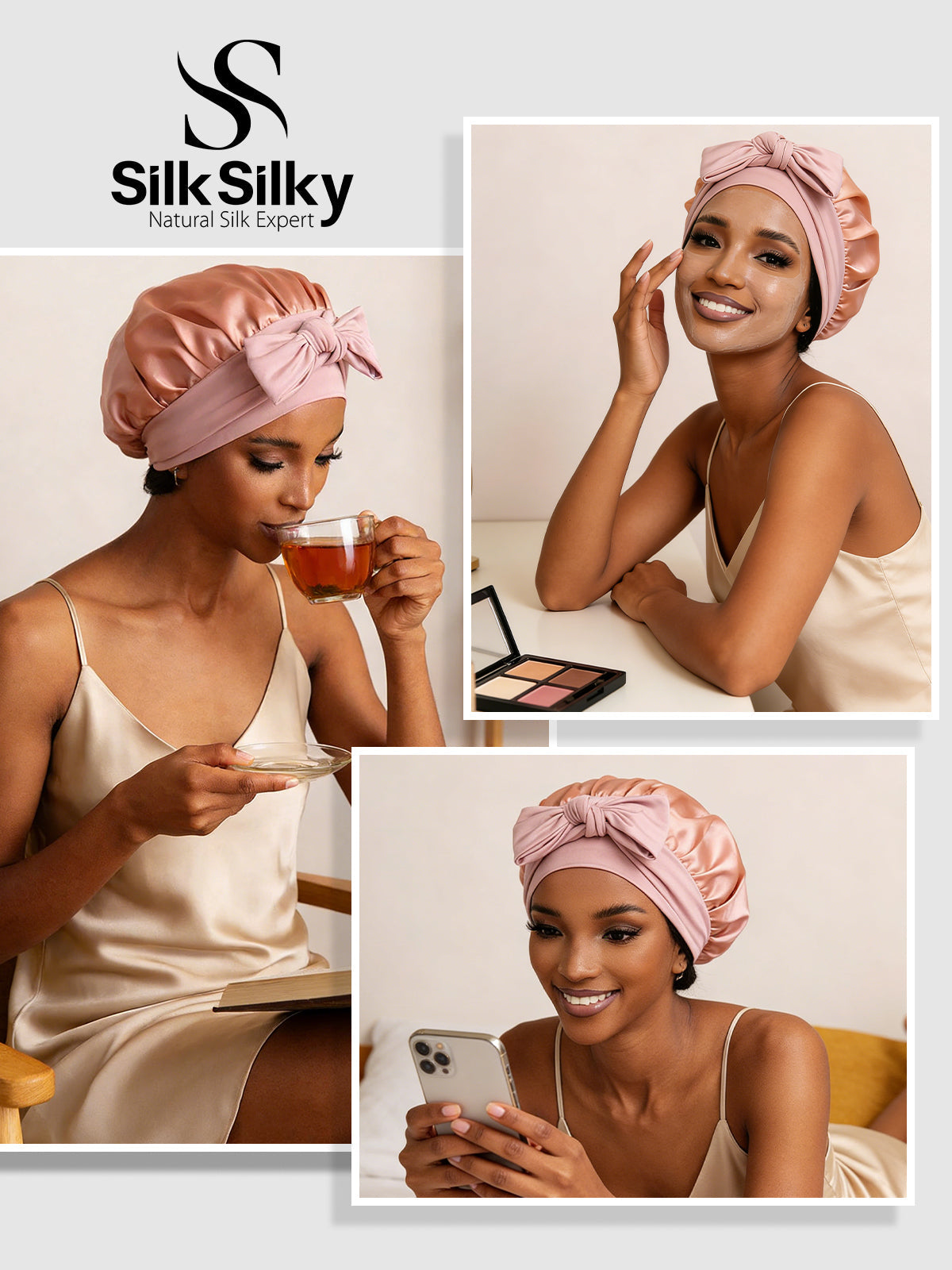 [Pink] SilkSilky-AU Pure Silk Sleep Cap 005