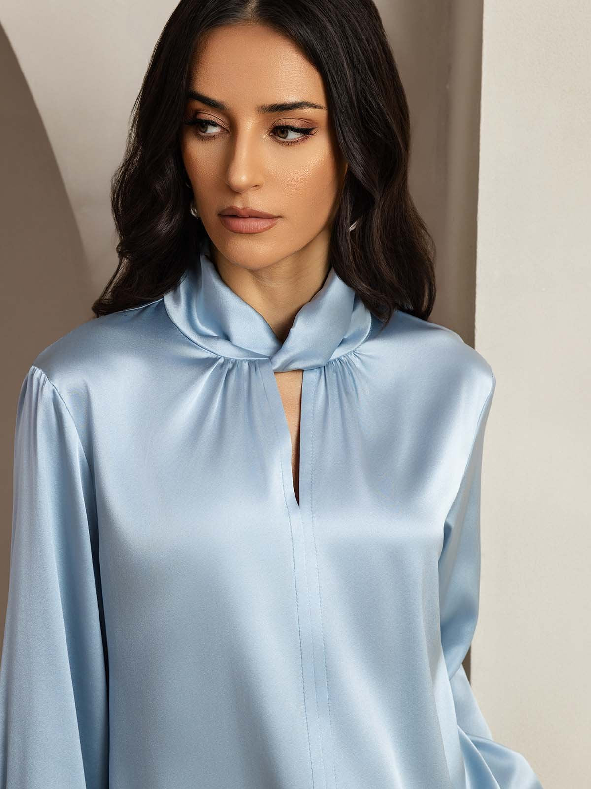 [GrayishBlue] SilkSilky-AU 19Momme Silk Keyhole Neck Women's Shirt 003