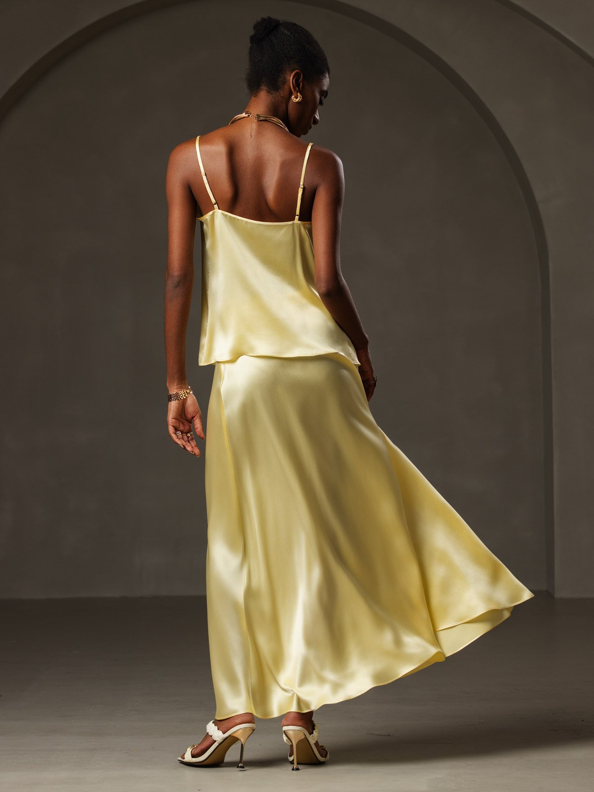 [Yellow] SilkSilky-AU 19Momme Silk Spaghetti Strap Cowl Neck Camisole 002