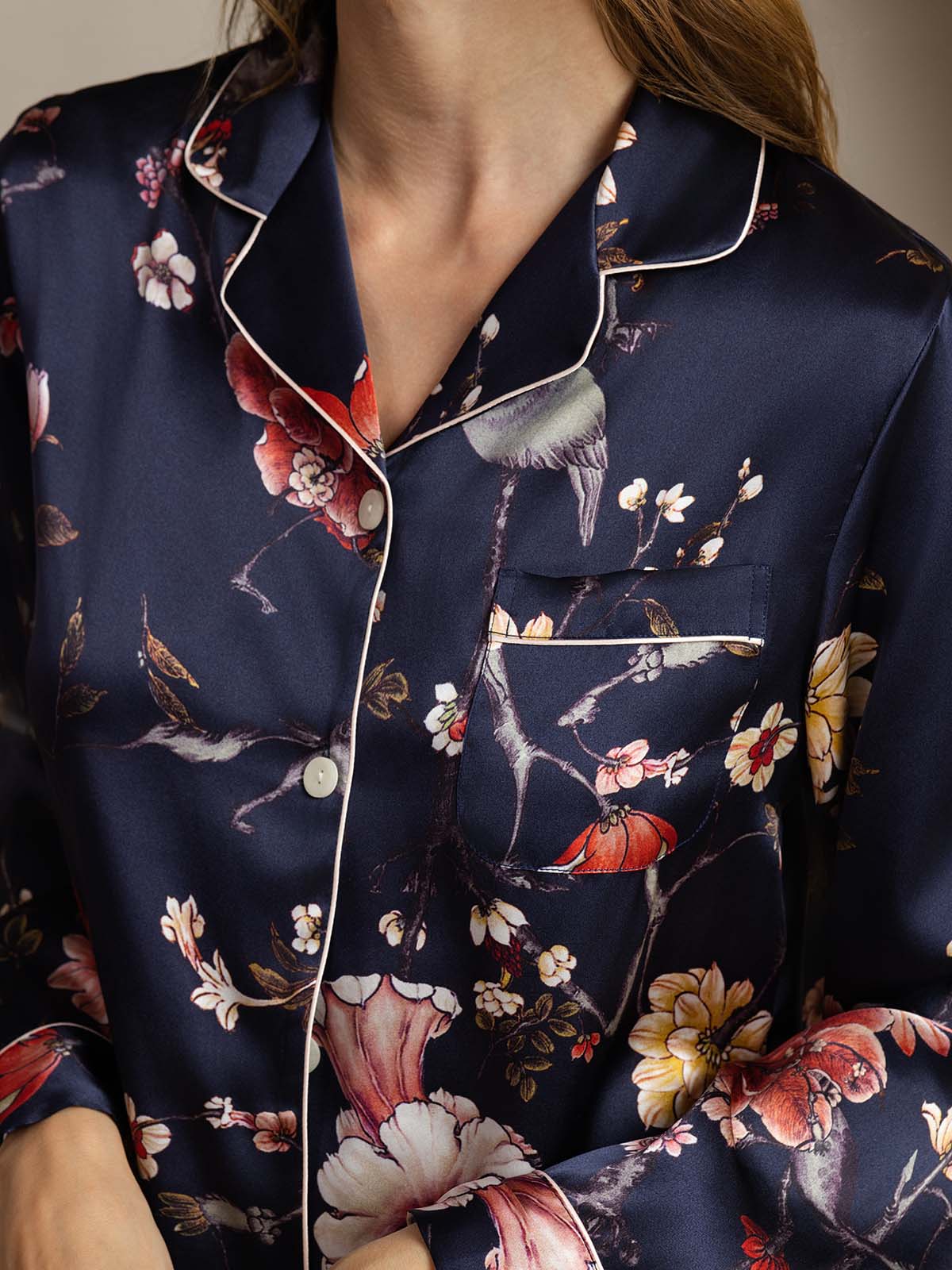[Navy Floral] SilkSilky-AU Pure Silk Womens Pajamas 005