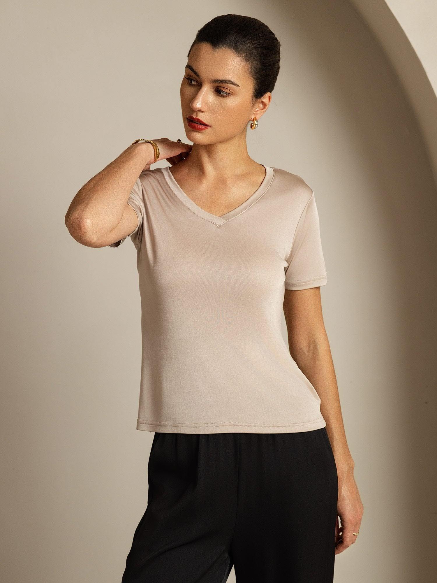 [LightKhaki] SilkSilky-AU Pure Silk V Neck Women's T-Shirt 005