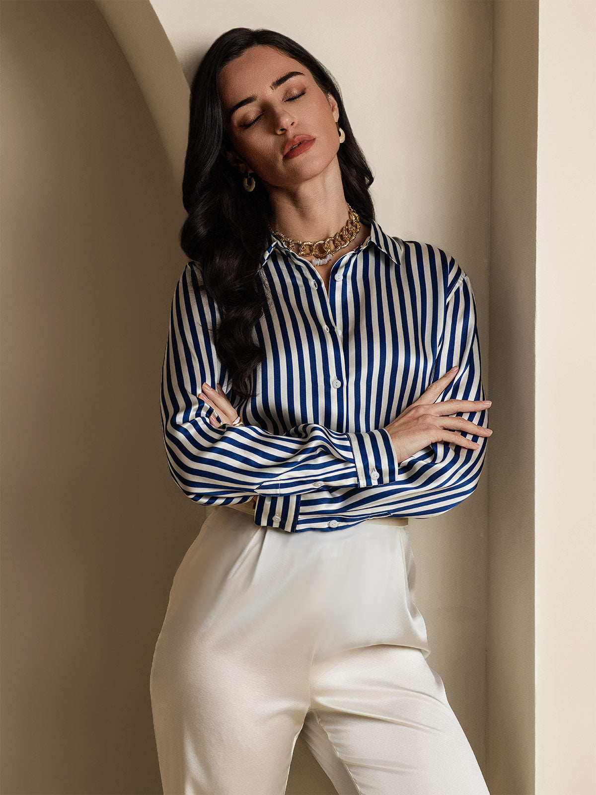 [Navy Stripe] SilkSilky-AU Long Sleeve Lapel Collar Women's Shirt 002