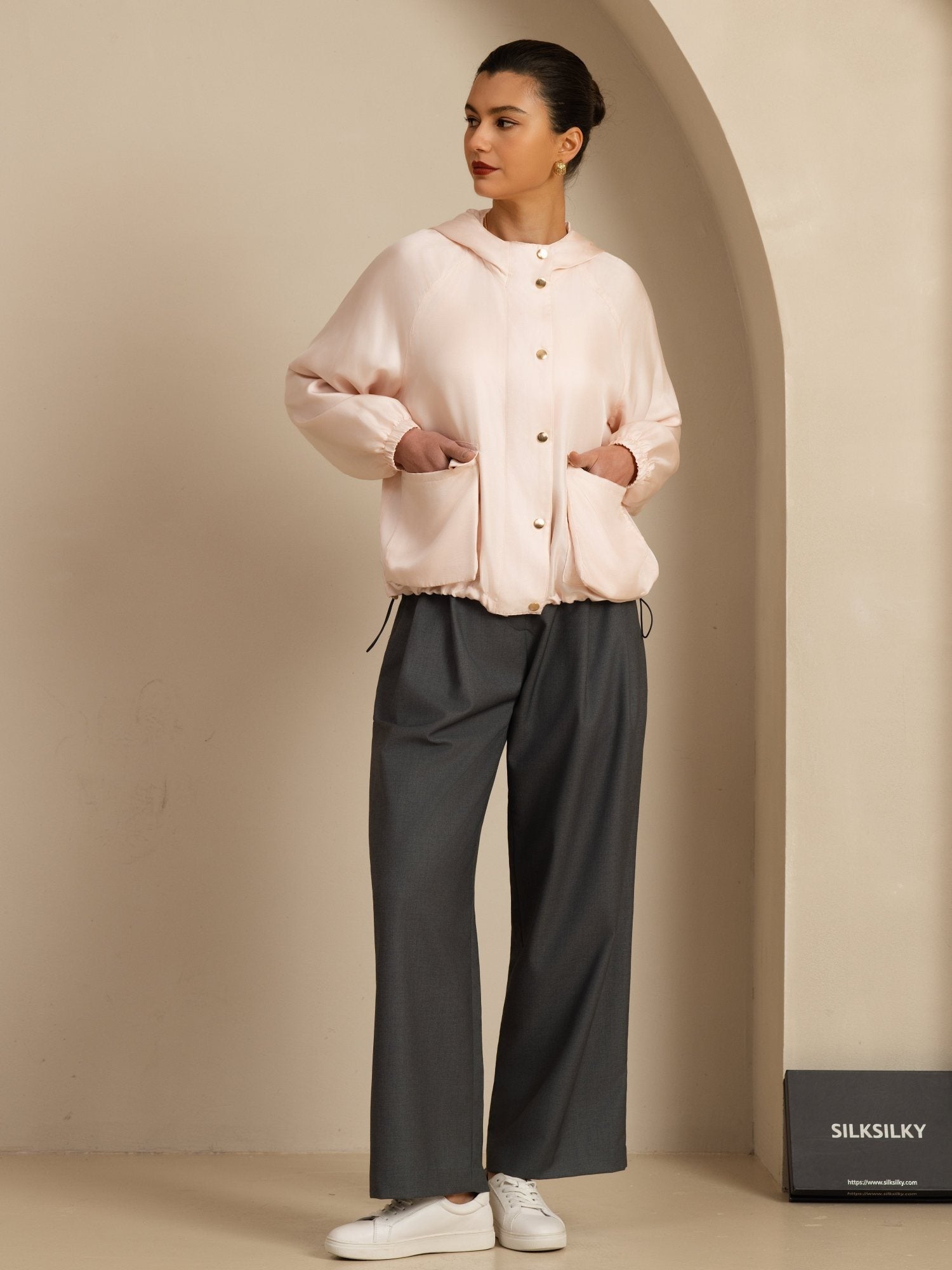 [Pink] SilkSilky-AU Silk Satin Surah Long Sleeve High Neck Women's Outerwear 007