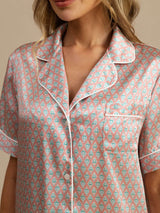 [Pink Heart Geo] SilkSilky-AU Short Sleeve Lapel Collar Women's Pyjamas 004