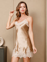 [Champagne] SilkSilky-AU 3/4 Sleeve V Neck Nightgown&Dressing Gown Set 004