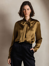 [Brown] SilkSilky-AU 19Momme Stretch Silk Charmeuse Long Sleeve Tie Neck Blouse 006