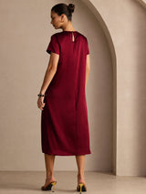 [Dark Red] SilkSilky-AU Short Sleeve Crew Neck Dress 002