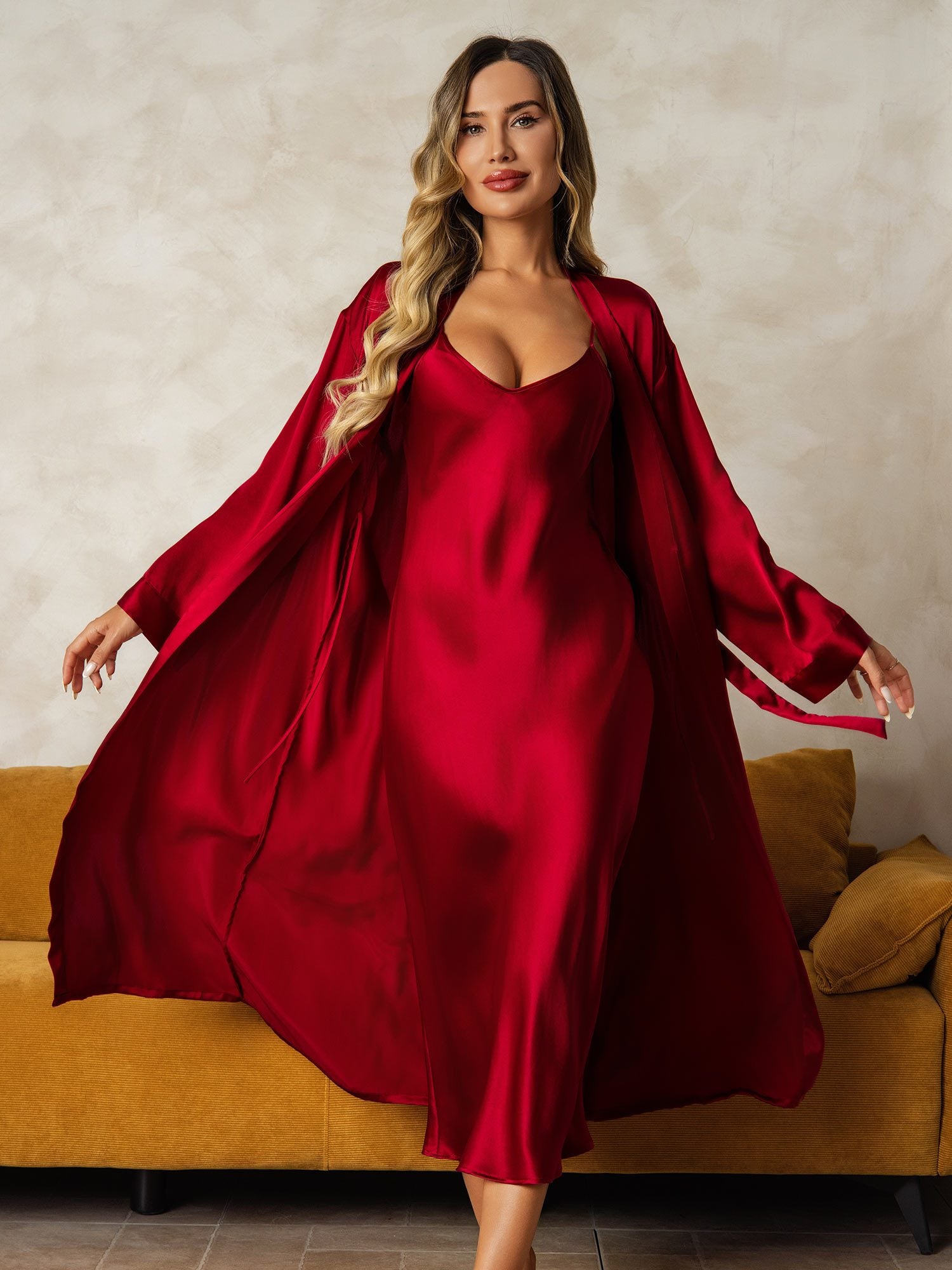 [Wine] SilkSilky-AU Pure Silk V Neck Nightgown&Dressing Gown Set 004