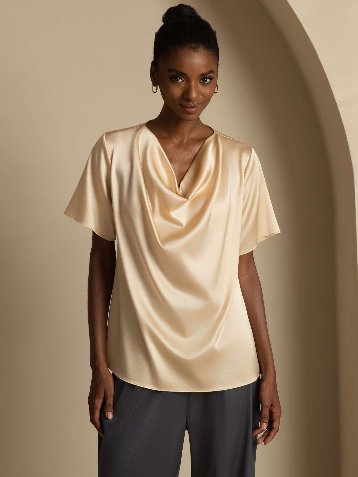[Champagne] SilkSilky-AU 19Momme Silk Short Sleeve Cowl Neck Blouse 001