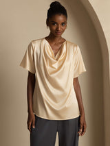 [Champagne] SilkSilky-AU Short Sleeve Cowl Neck Women's Blouse 001