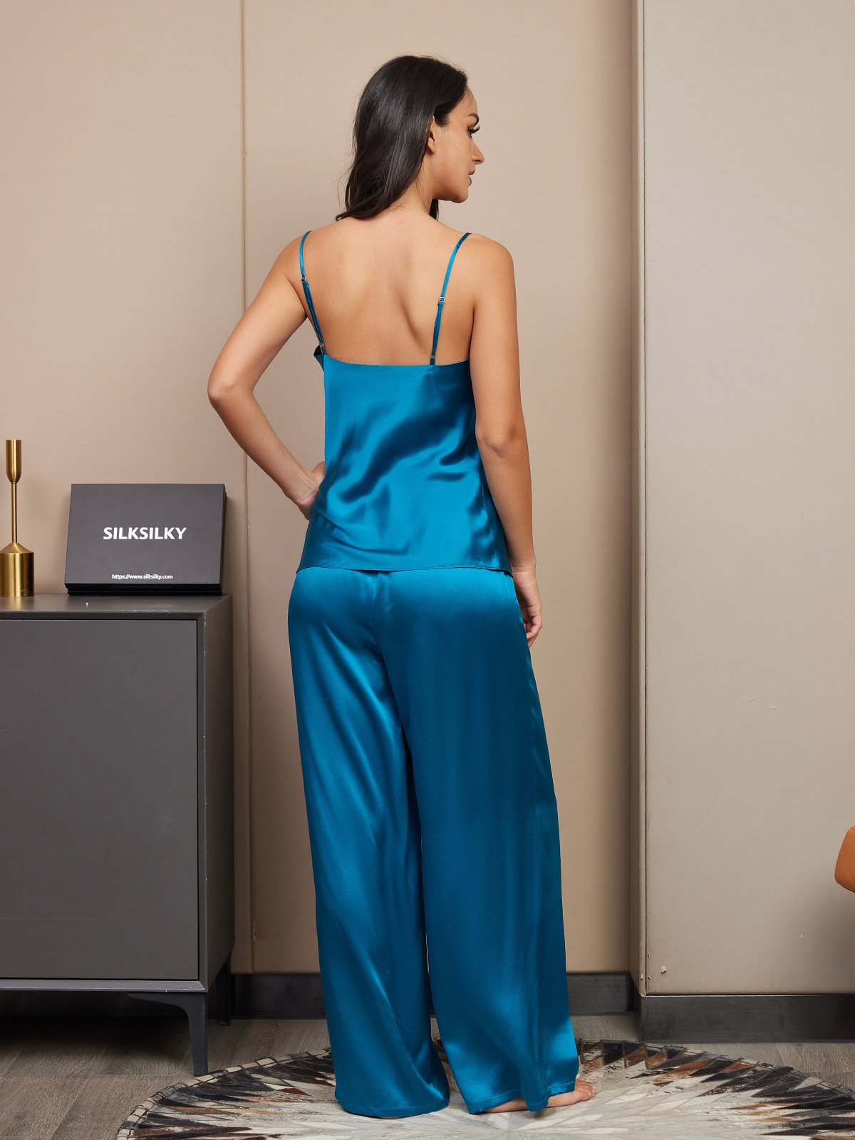 [Teal] SilkSilky-AU Spaghetti Strap V Neck Camisole Set 002