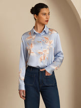 [Light Blue] SilkSilky-AU 19Momme Long Sleeve Lapel Collar Women's Shirt 003