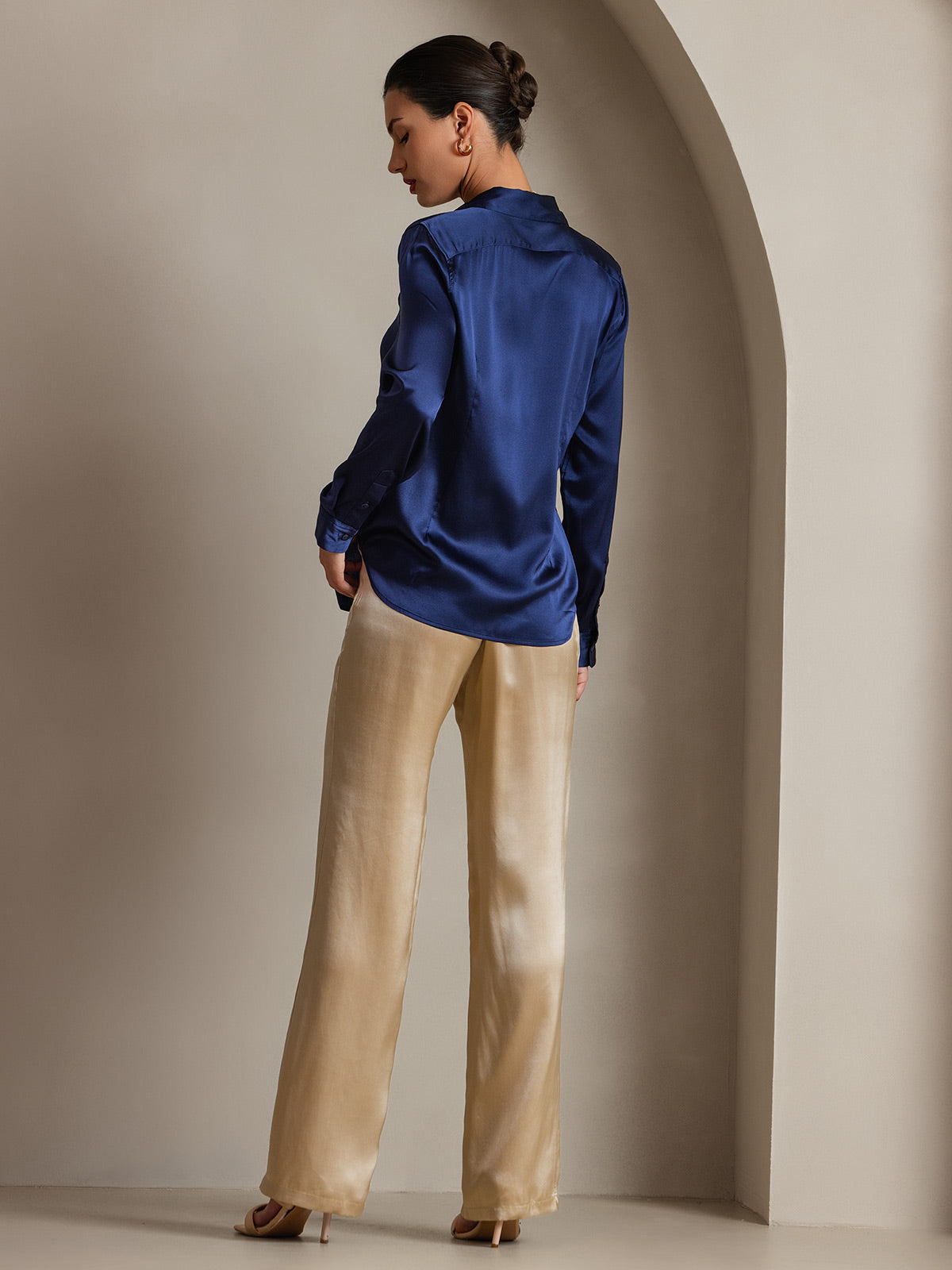 [Dark Blue] SilkSilky-AU Silk Long Sleeve Lapel Collar Women's Shirt 002