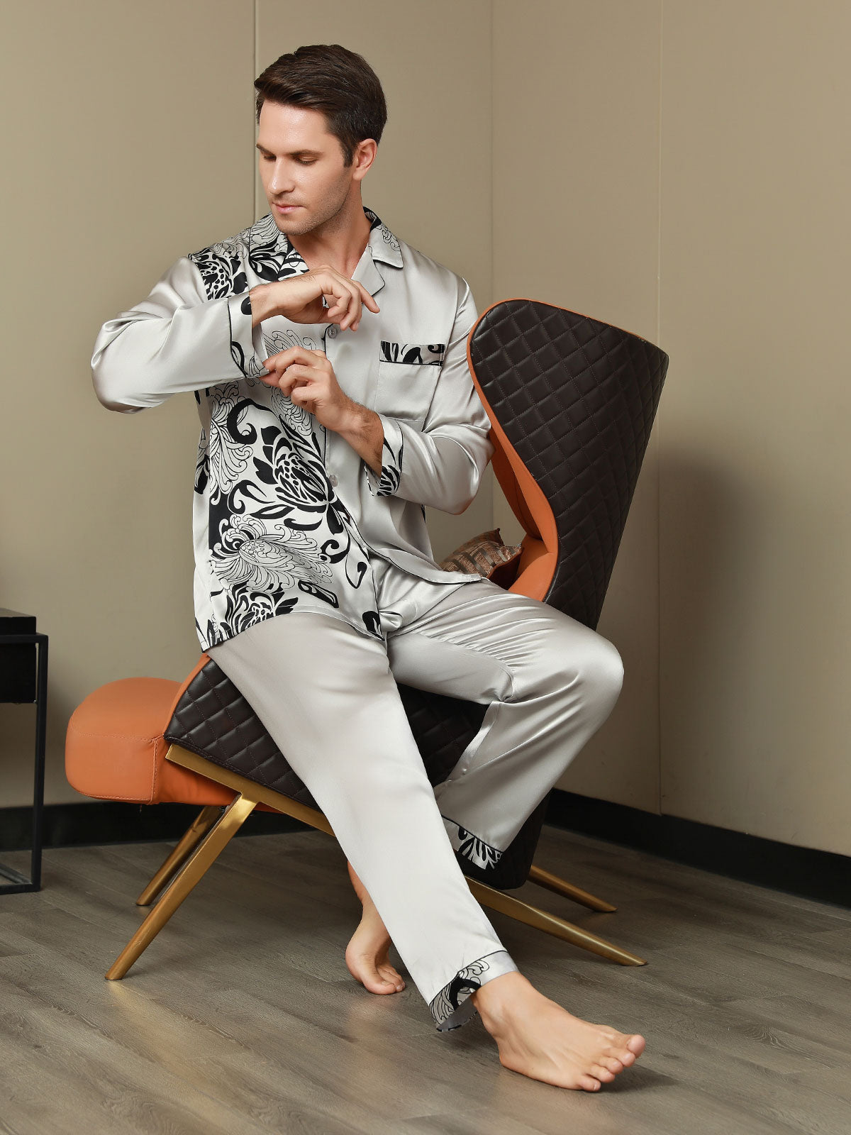 [Gray] SilkSilky-AU Pure Silk Mens Pajamas 001,