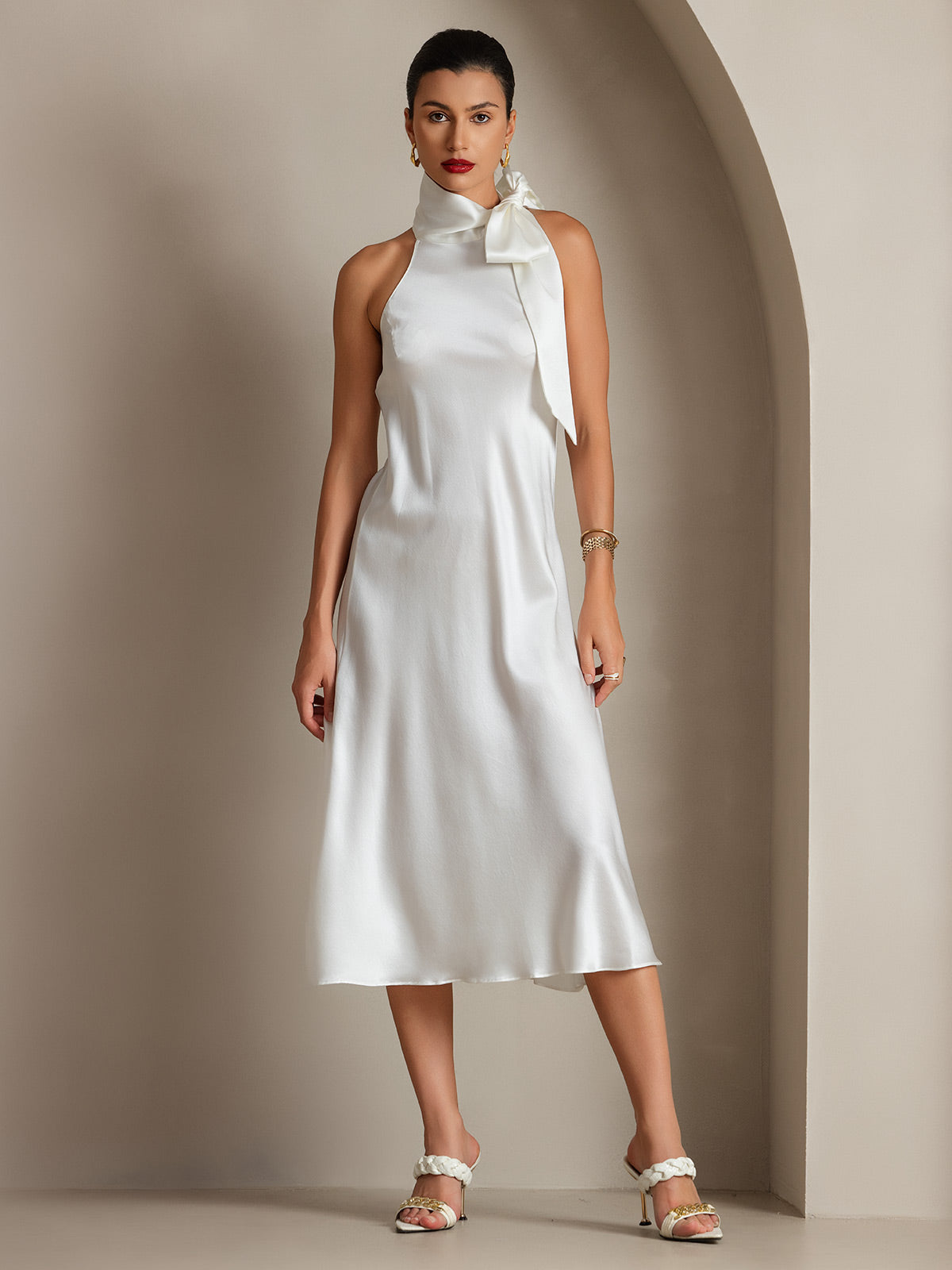 [White] SilkSilky-AU 19Momme Silk Sleeveless Tie Neck Dress 008