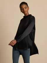 [Black] SilkSilky-AU 19Momme Stretch Silk Charmeuse Long Sleeve Stand Collar Blouse 003