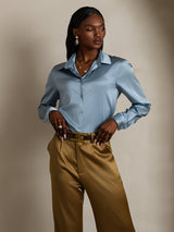 [Grayish Blue] SilkSilky-AU Long Sleeve Lapel Collar Women's Shirt 004