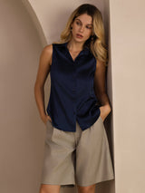 [Dark Blue] SilkSilky-AU Sleeveless Lapel Collar Women's Shirt 006