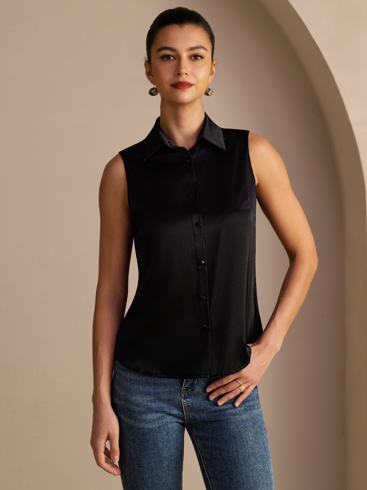 [Black] SilkSilky-AU Sleeveless Lapel Collar Women's Shirt 001