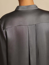 [Dark Gray] SilkSilky-AU 19Momme Stretch Silk Charmeuse Long Sleeve Stand Collar Blouse 007