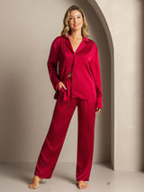 [Wine] SilkSilky-AU 19Momme Machine-Washable Silk Long Sleeve Notch Collar Women's Pyjamas 003