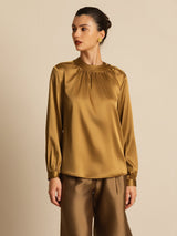 [Bronze] SilkSilky-AU 19Momme Stretch Silk Charmeuse Long Sleeve Round Neck Blouse 004