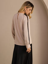 [Tan] SilkSilky-AU Long Sleeve Keyhole Neck Women's Blouse 002