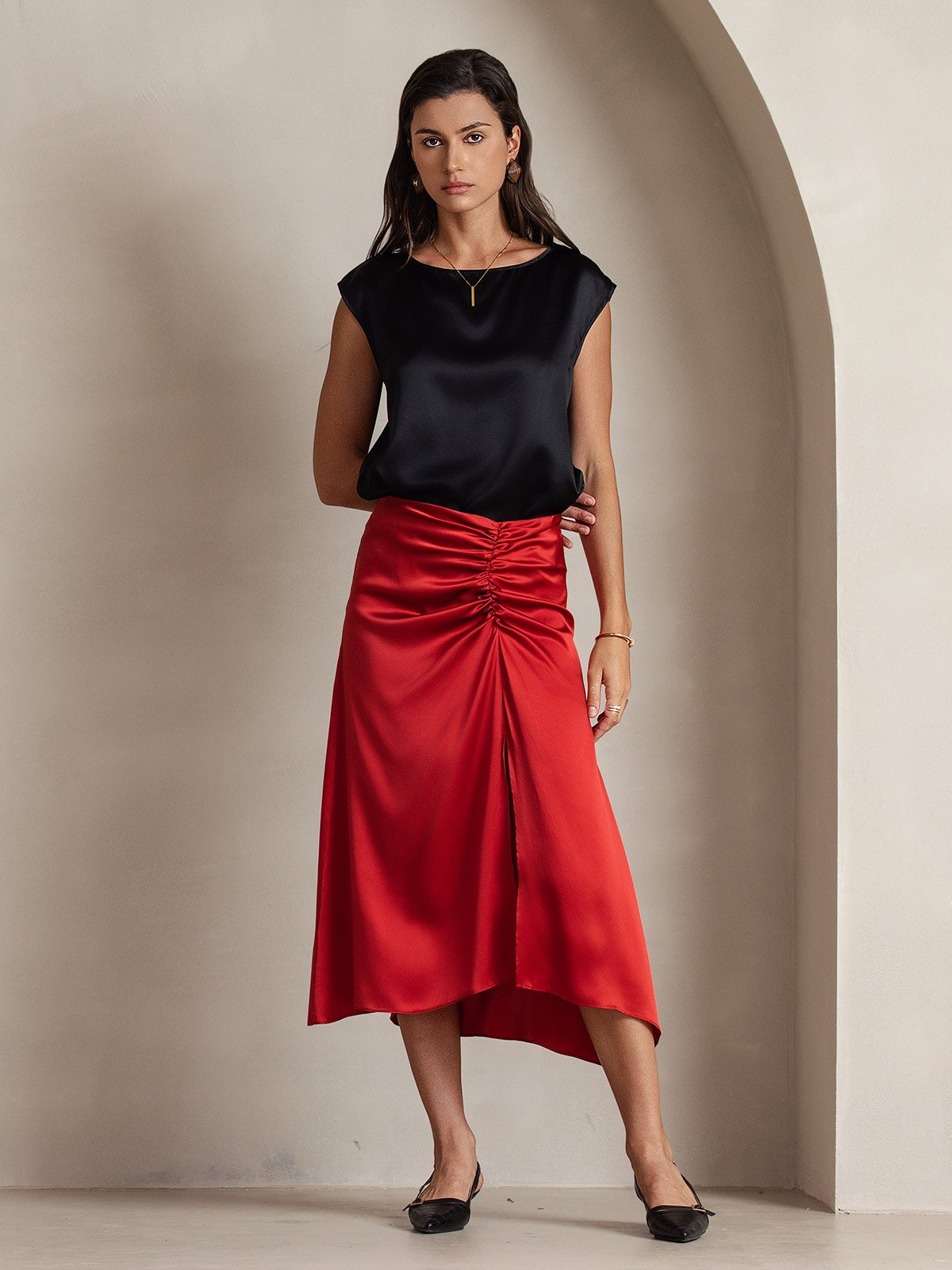 [Black] SilkSilky-AU 19Momme Stretch Silk Charmeuse Cap Sleeve Round Neck Women's T-Shirt 005