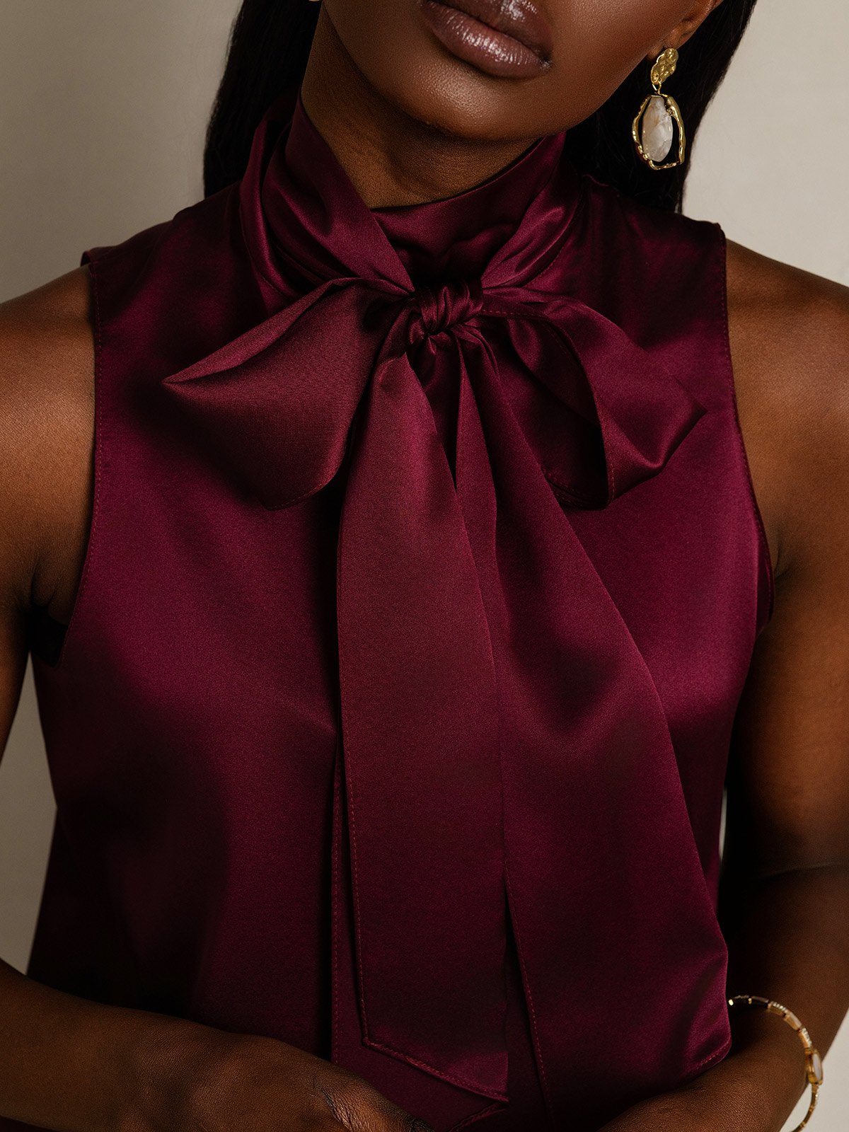 SilkSilky-AU 19Momme Silk Tie Neck Women's Shirt DarkRed 007