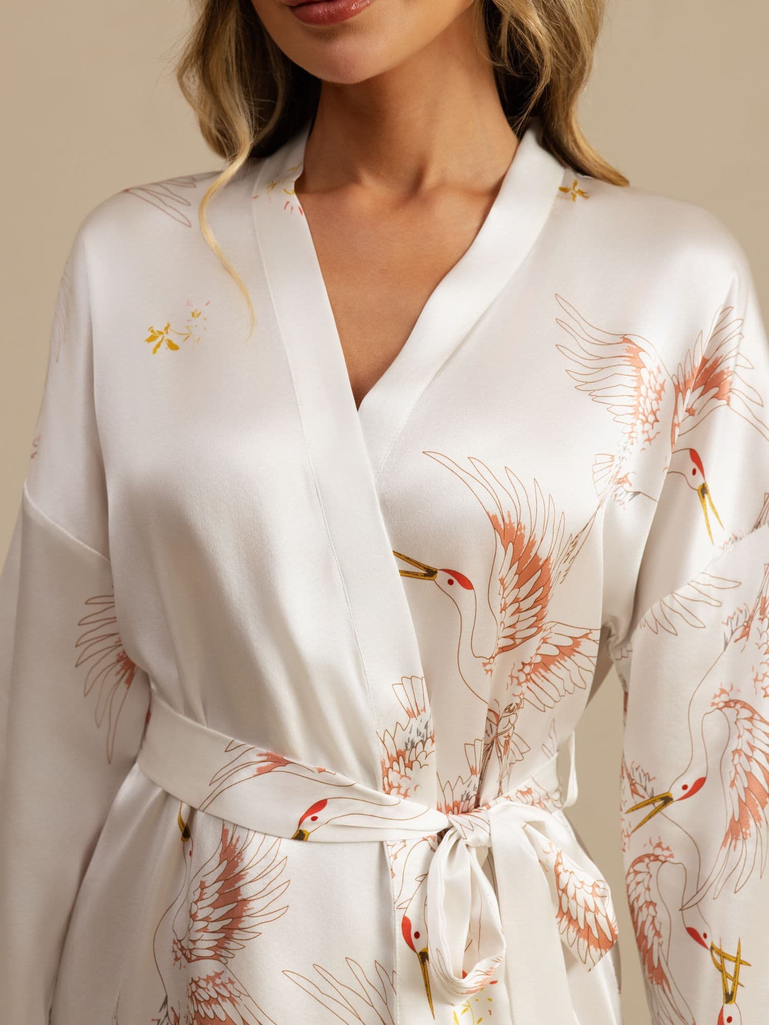 [White] SilkSilky-AU 3/4 Sleeve Deep V Neck Women's Dressing Gown 005