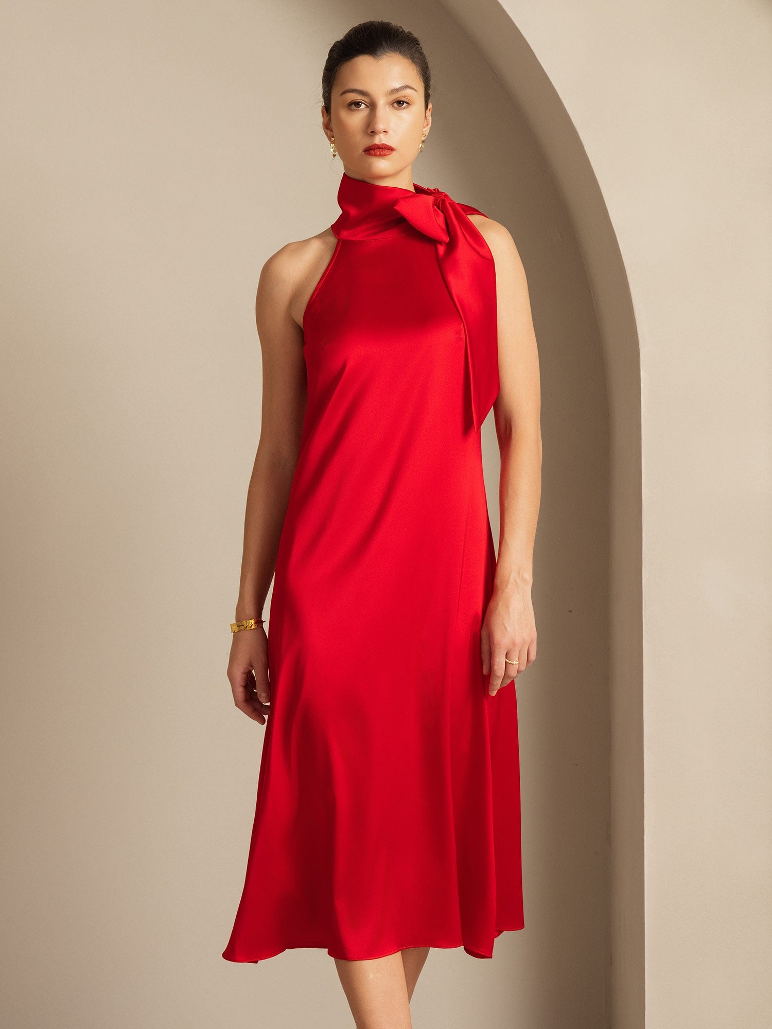 [Red] SilkSilky-AU 19Momme Silk Tie Neck Dress 007,