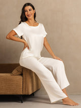 [White] SilkSilky-AU 19Momme Machine-Washable Silk Short Sleeve Women's Pyjamas 007