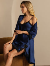 [Dark Blue] SilkSilky-AU Half Sleeve V Neck Nightgown&Dressing Gown Set 007