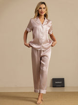 [Pink Heart Geo] SilkSilky-AU Short Sleeve Lapel Collar Women's Pyjamas 001
