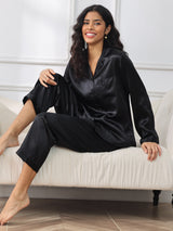 [Black] SilkSilky-AU Long Sleeve Lapel Collar Women's Pyjamas 001