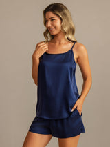 [Dark Blue] SilkSilky-AU 19Momme Machine-Washable Silk Sleeveless Round Neck Camisole Set 007
