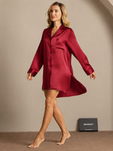 [Wine] SilkSilky-AU Long Sleeve Lapel Collar Nightshirt 008