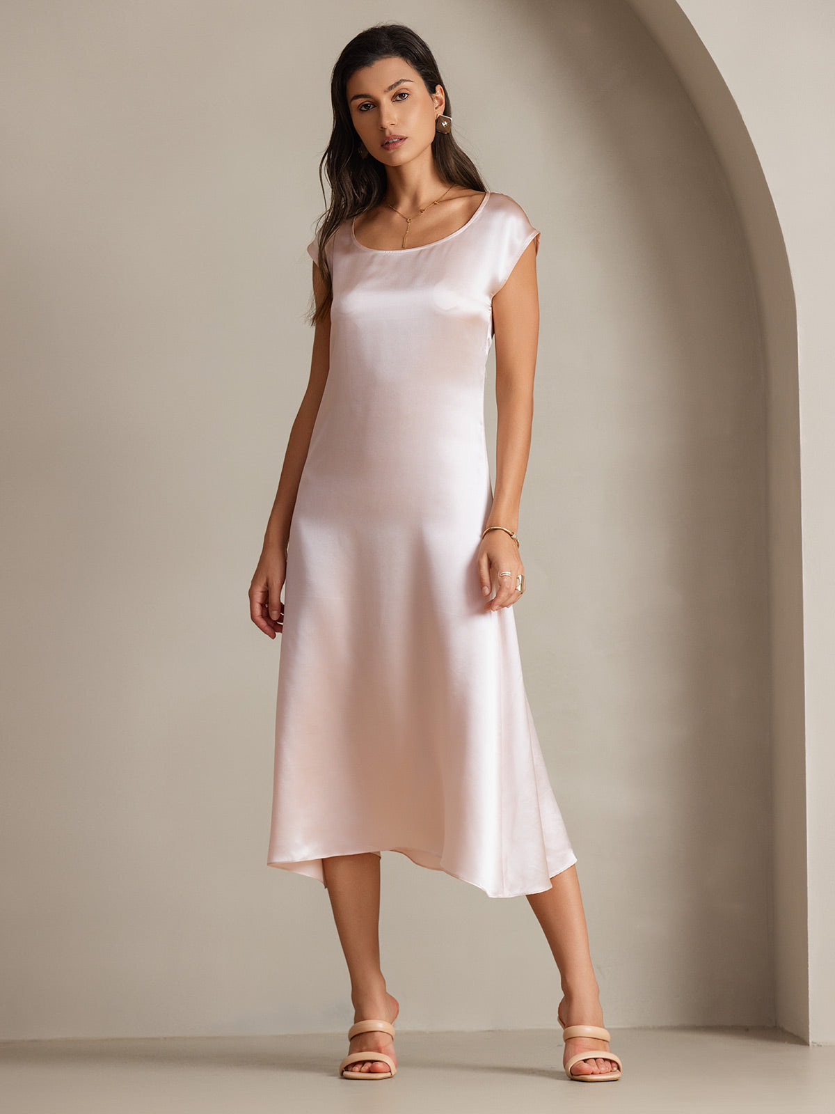 SilkSilky-AU 19Momme Silk Sleeveless Round Neck Dress Pink 006