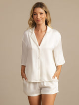 [White] SilkSilky-AU 19Momme Machine-Washable Silk Half Sleeve Notch Collar Women's Pyjamas 003