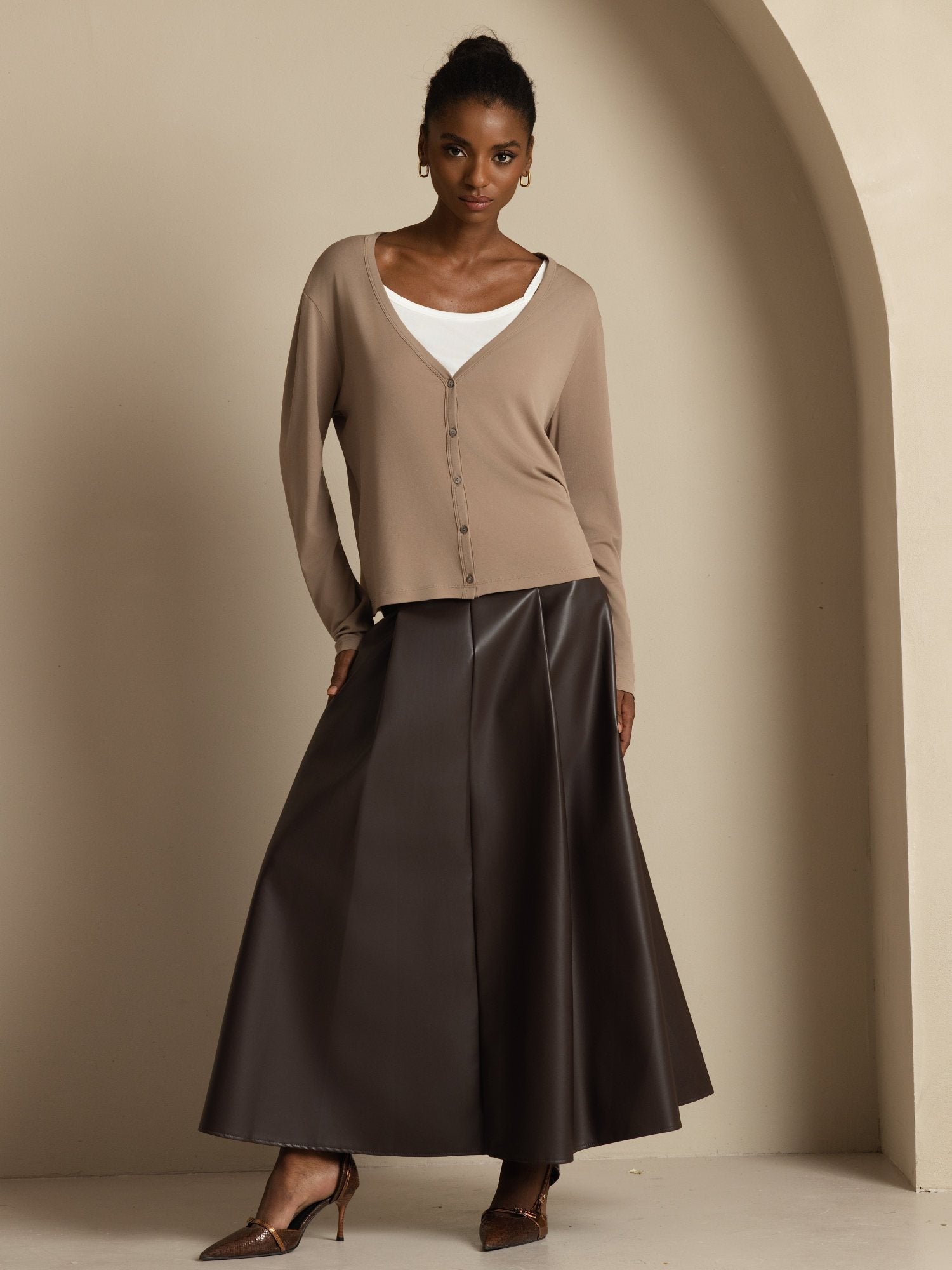 [Tan] SilkSilky-AU 19Momme 100% High-Twist Silk Jersey Long Sleeve V Neck Women's Cardigan 006